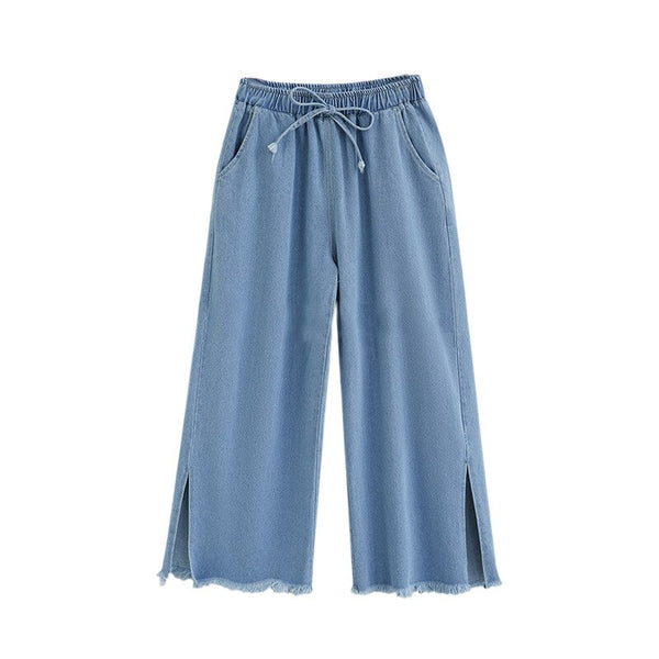 Summer Women Wide Leg Split Denim Pants Tassel Washed Cotton High Waist Leisure Loose Female Nine-Point Jean Femme Blue Cowboy