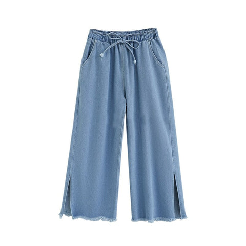 Summer Women Wide Leg Split Denim Pants Tassel Washed Cotton High Waist Leisure Loose Female Nine-Point Jean Femme Blue Cowboy