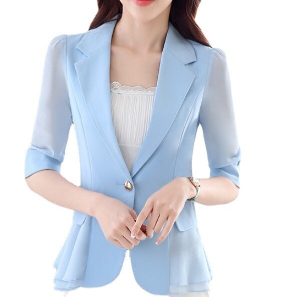 Summer Women's Blazer Jacket Short Slim Three-Quarter Sleeves Ruffled Stitching Chiffon Blazers Office Wear White Balck Tops