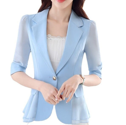 Summer Women's Blazer Jacket Short Slim Three-Quarter Sleeves Ruffled Stitching Chiffon Blazers Office Wear White Balck Tops