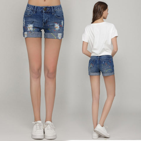 Summer Women's Denim Cotton Shorts Fashionable Casual Straight Jeans with Flanging Decoration, Hole and Pocket in Graffiti Style