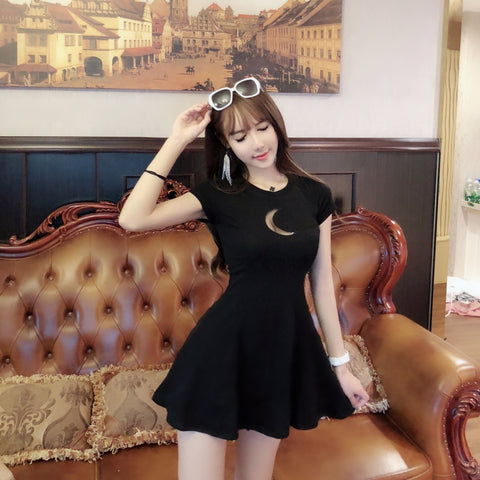 Summer Women's Dress Chest Moon Hollow Out Design Round Neck Short-sleeved Sexy Slim Mini Gothic Dress