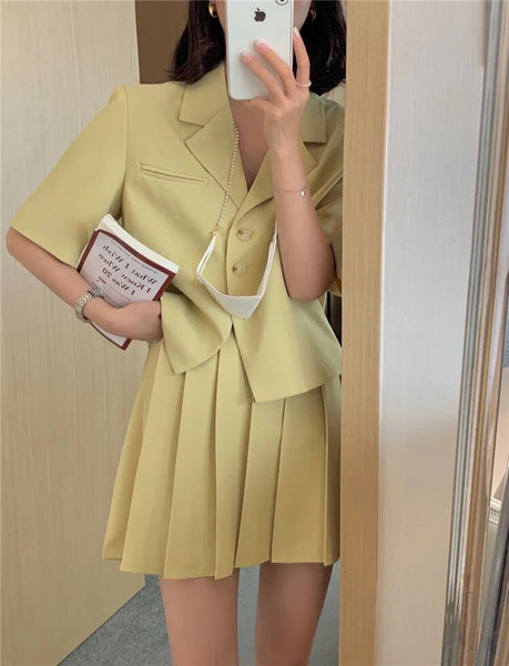 Summer Women's Skirt Set Set College Wind Lapel Short Sleeve Blazer Pleated Skirt Solid Ladies Two-Piece Set