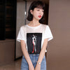 Summer Women's T-shirt Print O-neck Patchwork Cotton Casual Loose Lady Tees Short Sleeve Tops Houthion
