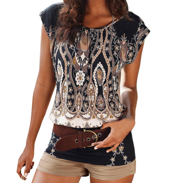 Summer Womens Tops and Blouses Retro Print Tops O Neck Sexy Short Sleeve Tee Shirt Ladies Long Top Clothes Women