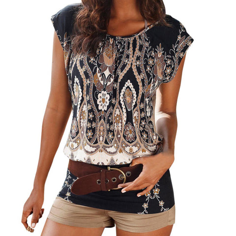Summer Womens Tops and Blouses Retro Print Tops O Neck Sexy Short Sleeve Tee Shirt Ladies Long Top Clothes Women