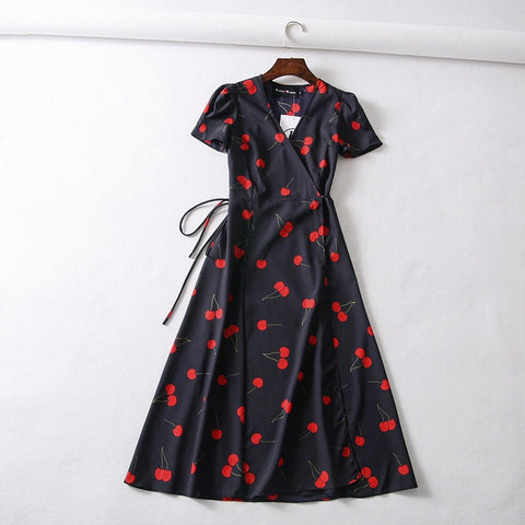 Summer boho Vintage flower dot print wrap dress women short sleeve chiffon beach dress korean fashion v neck party midi dress