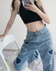 Summer color contrast love heart stitching high-waist Harajuku Korean loose wide-leg women's jeans pants