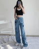 Summer color contrast love heart stitching high-waist Harajuku Korean loose wide-leg women's jeans pants