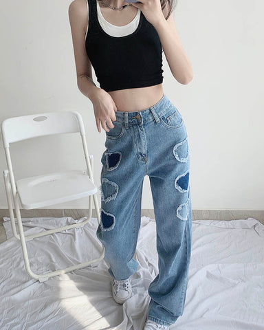 Summer color contrast love heart stitching high-waist Harajuku Korean loose wide-leg women's jeans pants