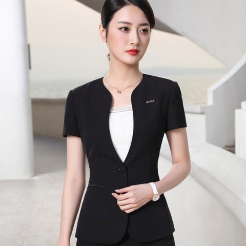 Summer fashion women slim short sleeve formal blazer temperament V neck jacket office ladies plus size work wear gray black