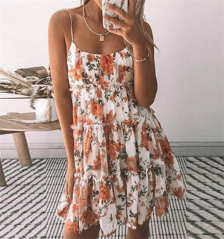 Summer floral print loose shift dress Casual spaghetti strap boho chic short dress Beach vocation dresses for women 2023