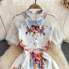 Summer high-end light  ladies temperament lace stitching lapel slim slim print dress short sleeves