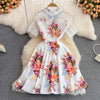 Summer high-end light  ladies temperament lace stitching lapel slim slim print dress short sleeves
