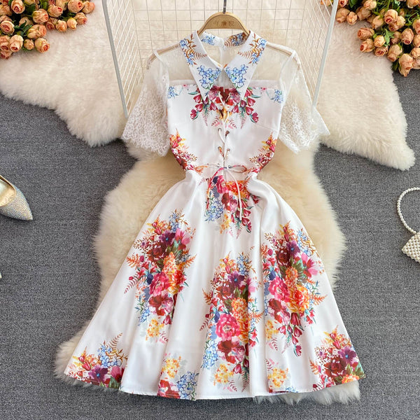 Summer high-end light  ladies temperament lace stitching lapel slim slim print dress short sleeves