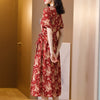 Summer women's wear 2022 style with thin waist, lotus sleeve long skirt, lace and silk high end red dress