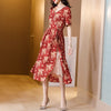 Summer women's wear 2022 style with thin waist, lotus sleeve long skirt, lace and silk high end red dress