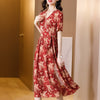 Summer women's wear 2022 style with thin waist, lotus sleeve long skirt, lace and silk high end red dress