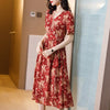 Summer women's wear 2022 style with thin waist, lotus sleeve long skirt, lace and silk high end red dress