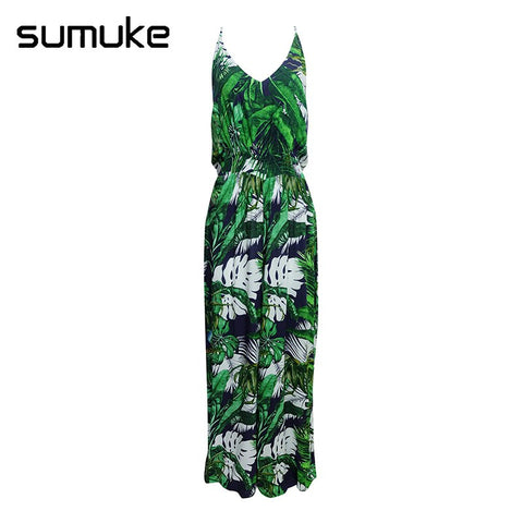Strap Tropical Rompers Womens Jumpsuit Backless Boho Green Wide Leg Summer Jumpsuit 2022 Chiffon Print Overall Jumpsuit