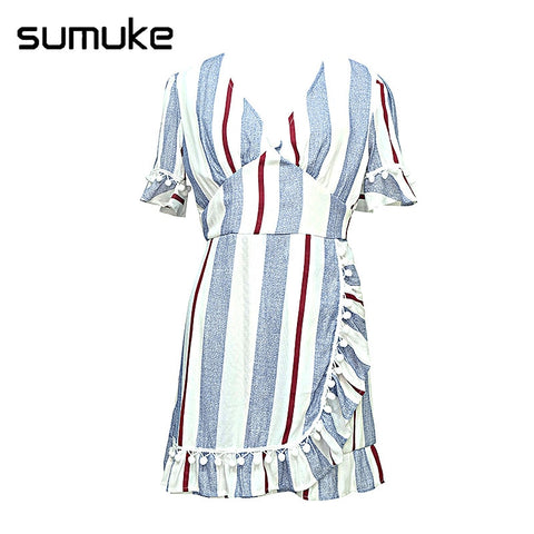 Summer Dress V Neck Stripe Ruffle Vestidos Female Wrap Style Cotton Short Dress Women 2022 Streetwear Casual Dress