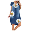 Sunflower Denim Party Dress Women Casual Above Knee Short Sleeve Floral Prints Midi Dresses Summer Beach Bohemian Dresses Mujer