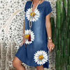 Sunflower Denim Party Dress Women Casual Above Knee Short Sleeve Floral Prints Midi Dresses Summer Beach Bohemian Dresses Mujer
