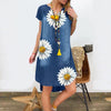 Sunflower Denim Party Dress Women Casual Above Knee Short Sleeve Floral Prints Midi Dresses Summer Beach Bohemian Dresses Mujer