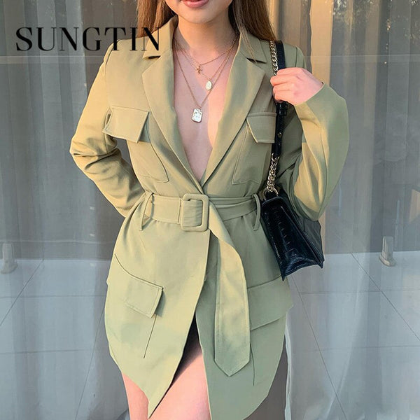 Sungtin 2022 Blazers Jacket Sash Spring Autumn Long  Sleeve Oversized Blazers Office Lady Chic Pocket Casual Clothings
