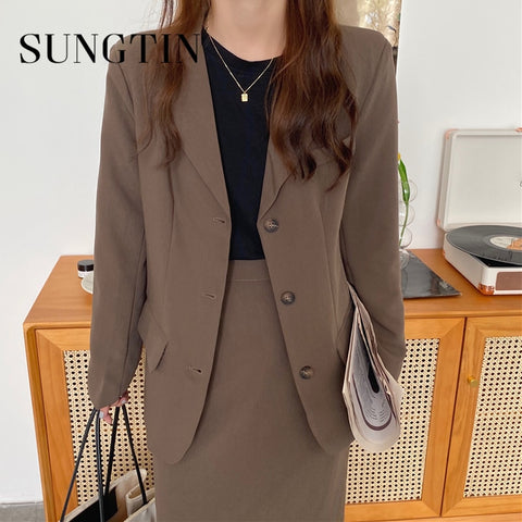 Sungtin Casual Blazer Long Skirt Suits Women 2 Piece Set Outfits Vintage Office Lady Blazer Coat Split Skirt Korean Set Elegant