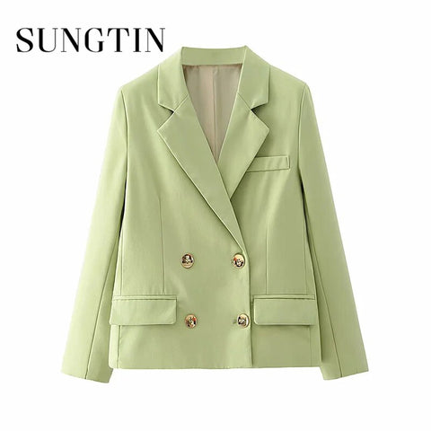 Sungtin Cropped Vintage Green Office Lady Blazer Women Loose Casual Blazers Jacket Suit Spring Korean Chic Outerwear Female OL