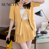 Sungtin Design Corss Blazers Sexy A Line Pleated Skirts Women Harajuku 2 Piece Set Short Sleeve Blazers Suit Summer Korean Suit