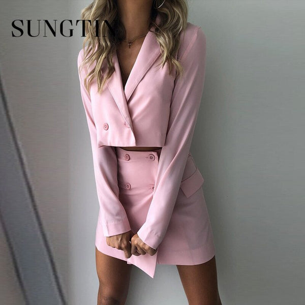 Sungtin 2 Piece Sets Double Breasted Cropped Blazers High Waist Sexy Slim Mini Skirts Long Sleeve Suits Two Pieces Suits