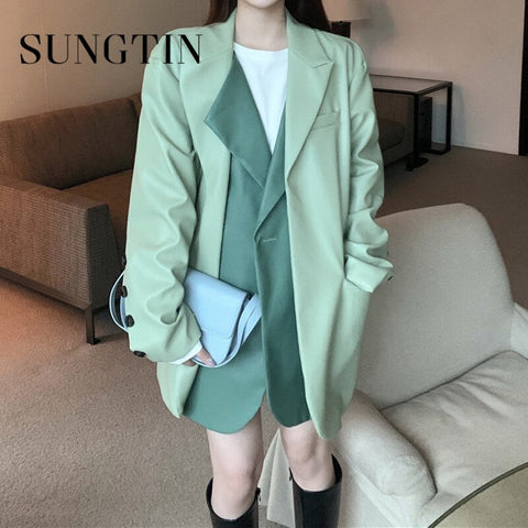 Sungtin PU Leather Blazer Jacket Women Oversized Fake Two Piece Loose Vintage Blazers Korean Patchwork Chic Jackets BF