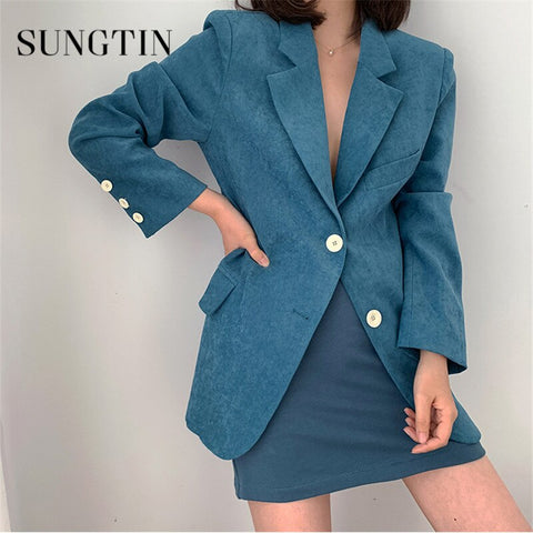 Sungtin Korea Casual Loose Elegant Blue Blazer Jacket Women Office Lady Chic Classic Suit Blazer Female  Blazer Coat