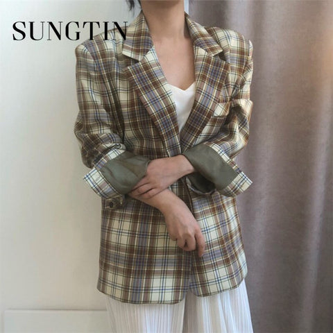 Sungtin Korea Casual Plaid Blazer Jackets Women Office Lady Loose Work Blazer Suit Coat Vintage Elegant Outwear 2 Colors Fashion