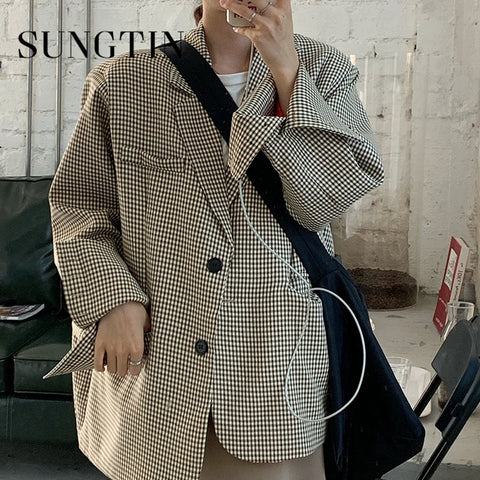 Sungtin Korean Casual Plaid Blazer Jackets Women Office Lady Loose Work Blazer Suit Coat Vintage Elegant Oversized Outwear Chic