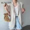 Sungtin Korean Cotton Linen Casual Blazer Women Jackets Loose Short Suit Blazer Coat Summer Solid Vintage Elegant Outwear 2022
