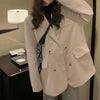 Sungtin Korean  Corduroy Oversized Casual Blazer Women Double Breasted Office Lady Loose Coats Pocket Solid Outwear