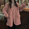 Sungtin Korean  Corduroy Oversized Casual Blazer Women Double Breasted Office Lady Loose Coats Pocket Solid Outwear