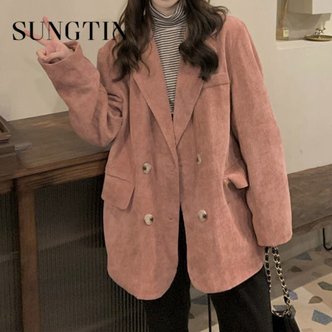 Sungtin Korean  Corduroy Oversized Casual Blazer Women Double Breasted Office Lady Loose Coats Pocket Solid Outwear
