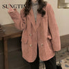 Sungtin Korean  Corduroy Oversized Casual Blazer Women Double Breasted Office Lady Loose Coats Pocket Solid Outwear
