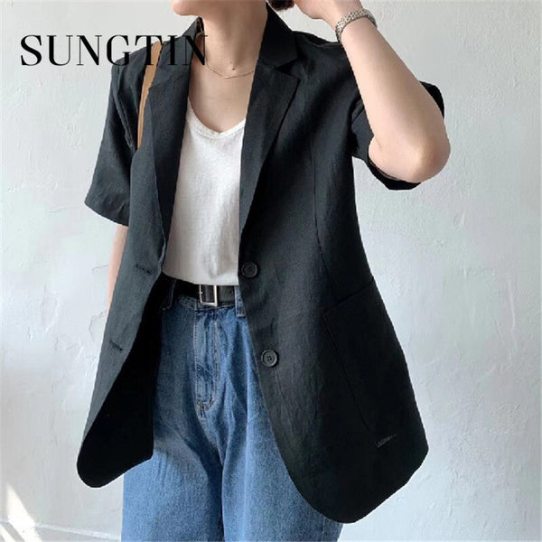 Sungtin Korean Linen Cotton Blouse Blazer Jacket Women Elegant Loose Female Casual Linen Blazer 2022 Vintage Pockets Streetwear
