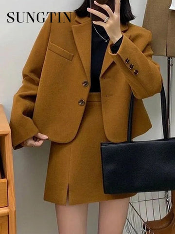 Sungtin Korean Two Piece Set Woolen Blazer Women Office Lady A Line Skirt Sets Female Split Autumn Winter Clothing 2 Piece Suits