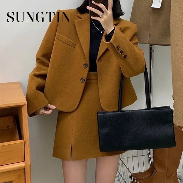 Sungtin Korean Two Piece Set Woolen Blazer Women Office Lady A Line Skirt Sets Female Split Autumn Winter Clothing 2 Piece Suits