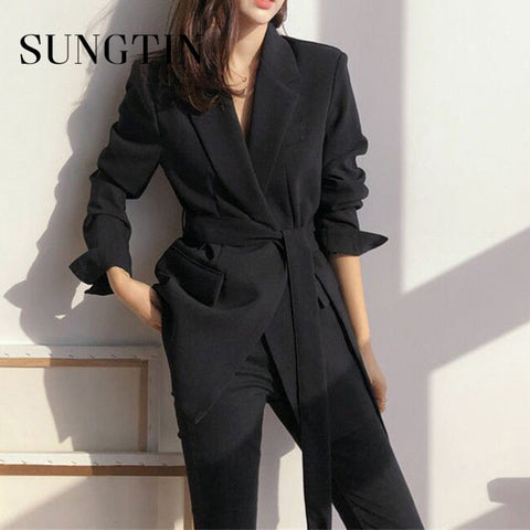 Sungtin Long Vintage Office Lady Blazer with Belt Women Loose Casual Blazers Jacket Suit Spring Autumn Korean Outerwear Female