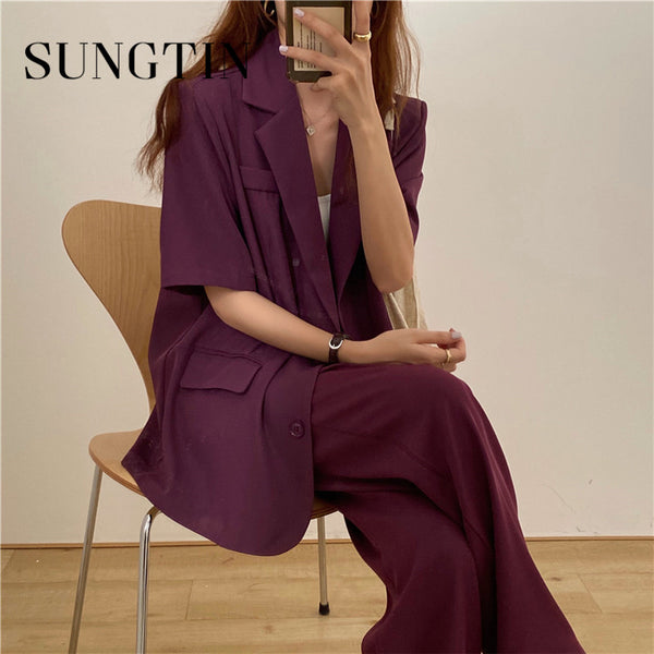 Sungtin Office Lady Women Short Sleeve Blazer 2 Piece Set Spring Female Suit Office Sets OL Business Casual Blazers Korea Coat