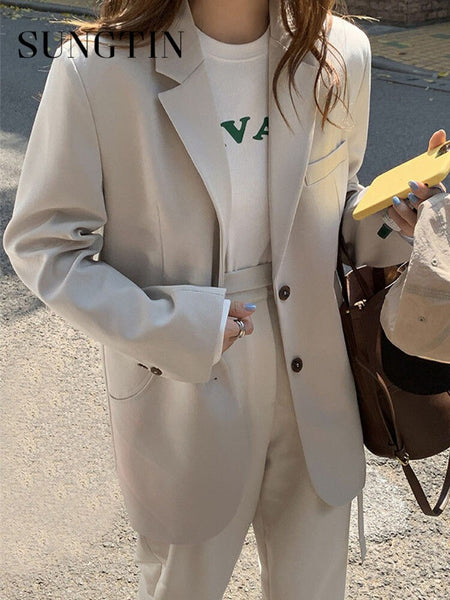 Sungtin Spring Autumn Korean Casual Blazer Jacket Women Long Sleeve Button Elegant Loose Clothes Woman Office Lady Black Blazers