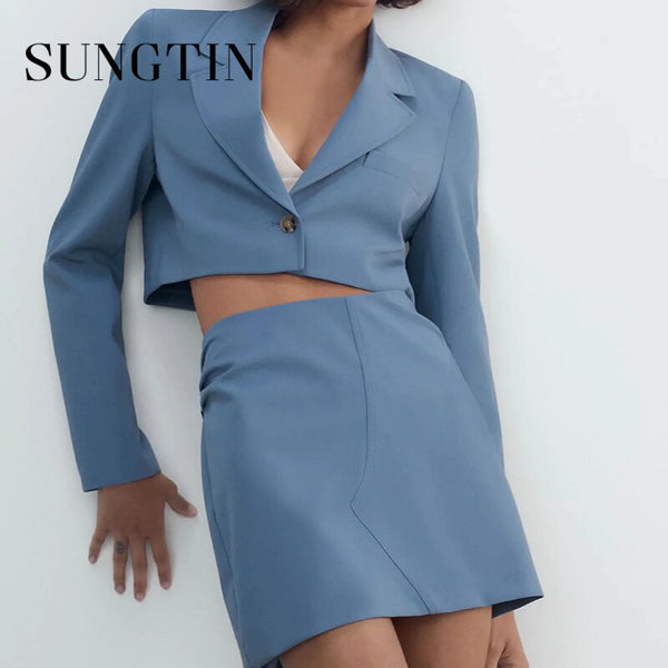 Sungtin Two Piece Set Blue Cropped Blazer Coat Mini Skirt Women Sexy Short Blazer A Line Skirt Office Lady Folds 2 Piece Suits