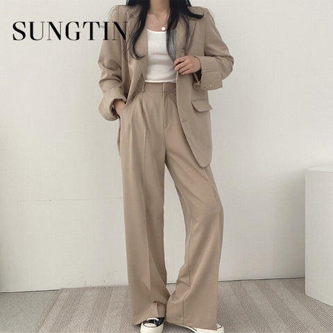 Sungtin Two Piece Set Oversized Blazer Sets Women Office Lady Spring Autumn High Waist Pants Suits Female Wide Leg Trousers Suit